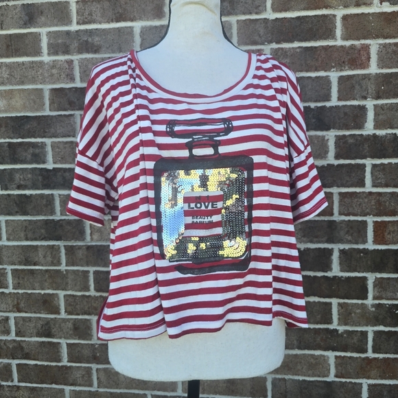 Ing Tops - Red Striped Sequin Top